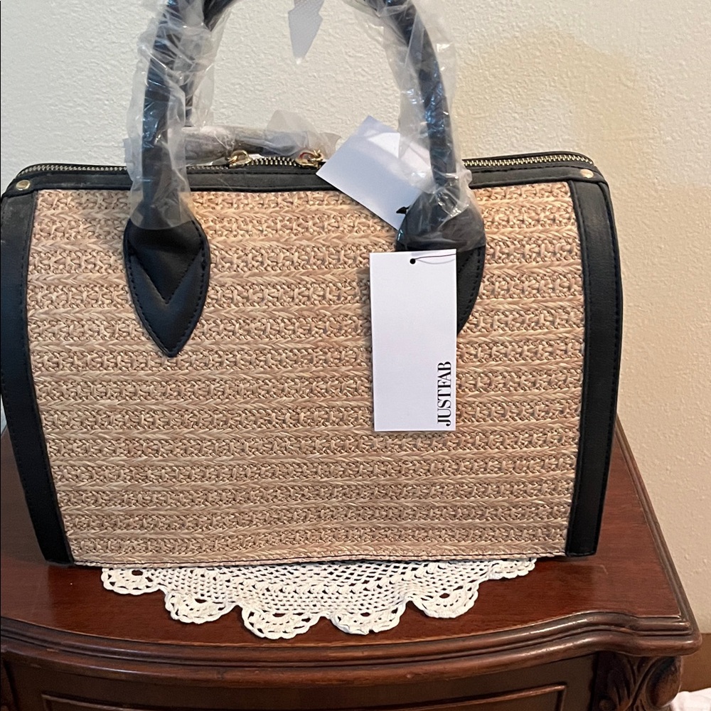 JustFab Black and Tan Woven Satchel